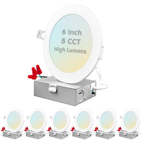Luxrite 6 Inch Ultra Thin LED Recessed Downlights 5 CCT Selectable 2700K-5000K 15W 1400LM Dimmable 6-Pack LR23745-6PK